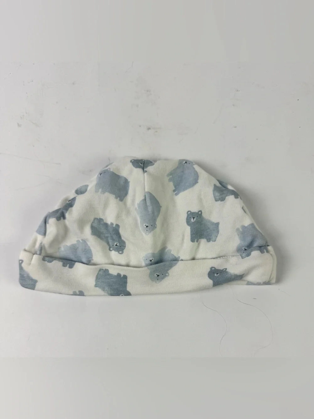 Baby Bear Print Cotton Beanie Hat - White & Light Blue - 9M